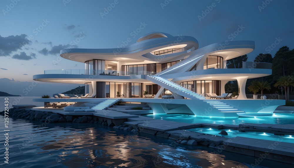 Fototapeta premium Ultra-modern 8K house with a minimalist design, large skylights, and a seamless indoor-outdoor flow
