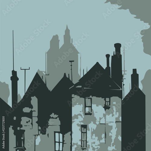 vector illustration of a city landscape in gray and white colors. Buildings against the sky, creating a sense of depth and size. illustration style medieval cityscape.