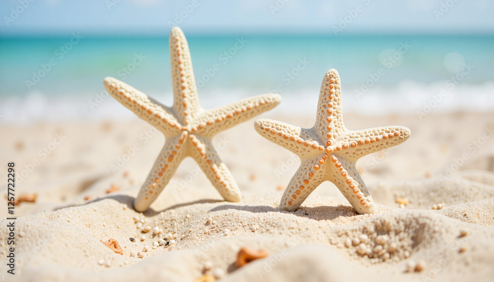 Whimsical starfish decorations on sandy beach, charming accents Whimsical starfish decorations on sandy beach, charming accents