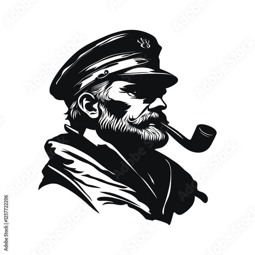 Bearded ship sailor silhouette with captain cap and a pipe vintage style.  