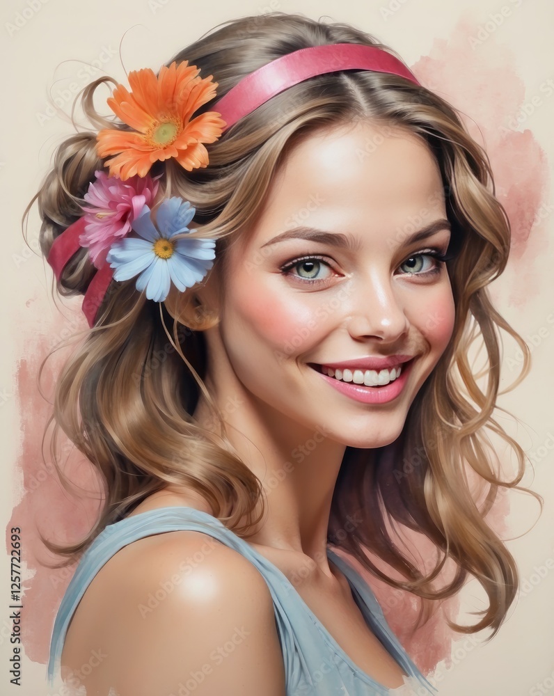 Naklejka premium Ethereal watercolor portrait of a woman’s face blending seamlessly into a delicate flower petal, symbolizing femininity, nature, and poetic transformation for International Women’s Day, 8 March.