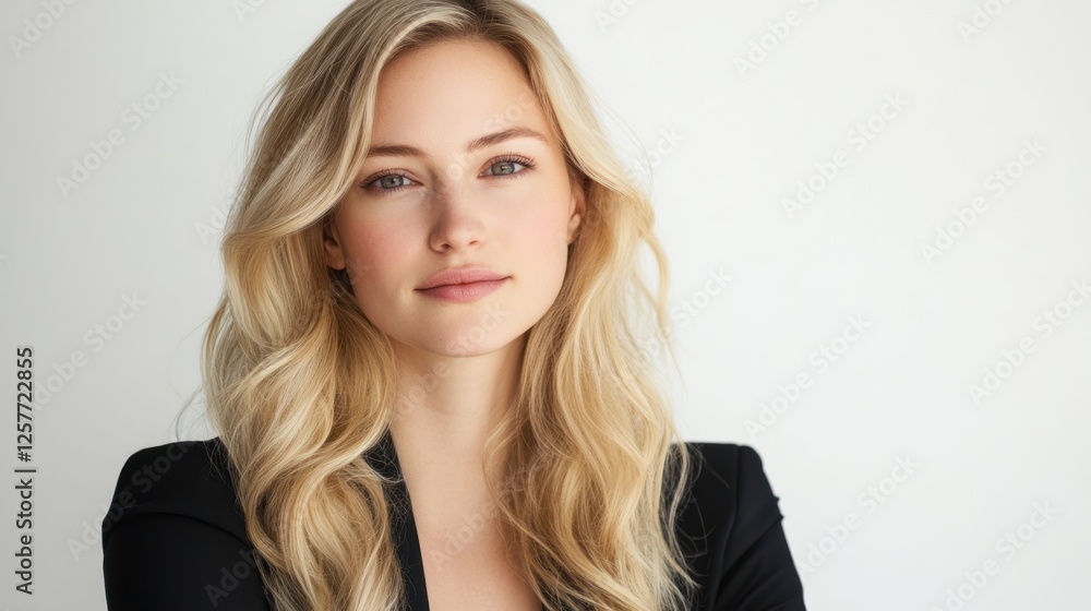 Stunning Blonde Woman Portrait: Professional Headshot with Wavy Hair and Serene Expression Stunning Blonde Woman Portrait: Professional Headshot with Wavy Hair and Serene Expression