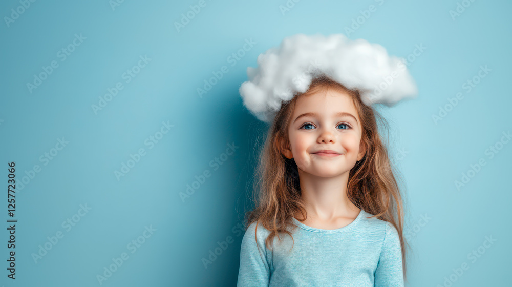 Girl with white cloud over her head. Studio shot on blue background Girl with white cloud over her head. Studio shot on blue background