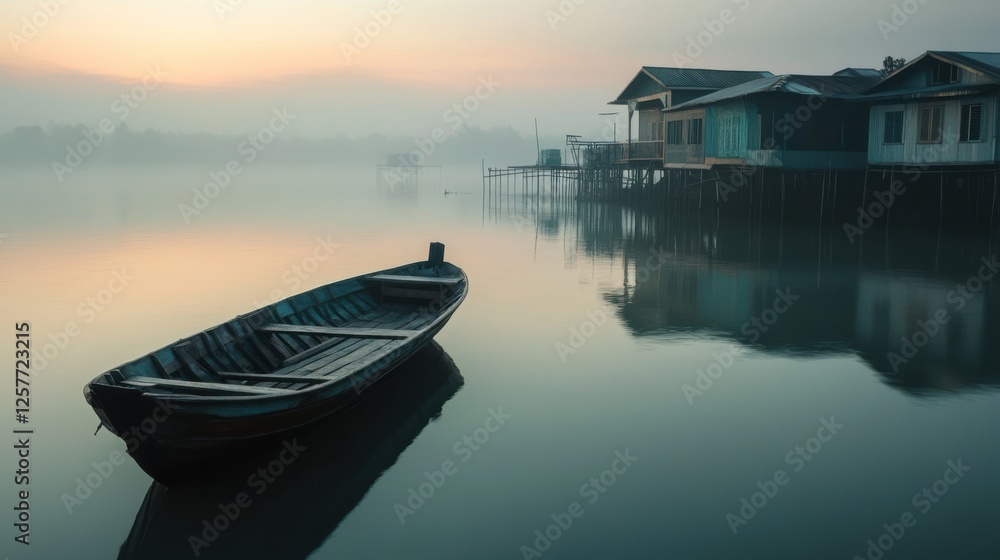 Obraz premium A traditional wooden fishing boat anchored by a serene