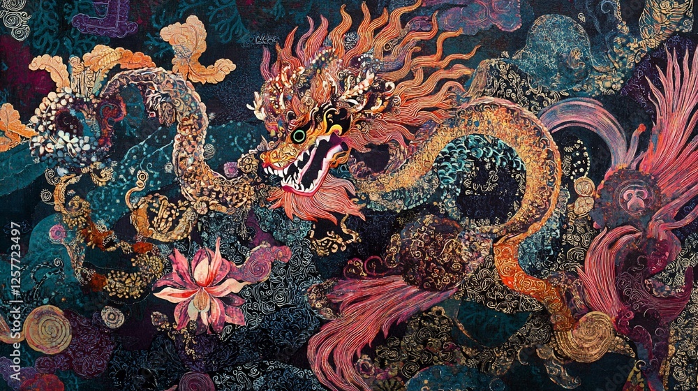 Obraz premium Colorful Asian Dragon Art with Intricate Floral Patterns and Mythical Creatures