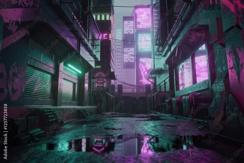 Rainy cyberpunk alleyway at night, neon signs reflecting in puddles, futuristic urban scene. Rainy cyberpunk alleyway at night, neon signs reflecting in puddles, futuristic urban scene.