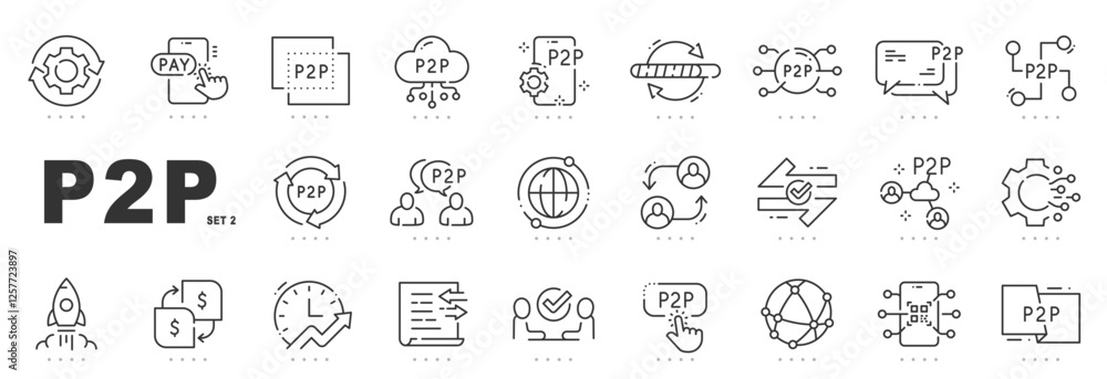 Set of p2p related line icons. Peer, payment, share, exchange etc. Editable stroke. Set 2 Set of p2p related line icons. Peer, payment, share, exchange etc. Editable stroke. Set 2