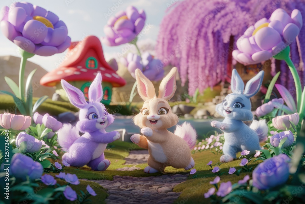 Obraz premium Three adorable bunnies frolic in a whimsical, flower-filled fantasy landscape.