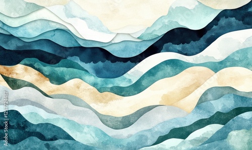 Wallpaper Mural Abstract Blue and Beige Mountain Landscape Watercolor Painting, for home decor Torontodigital.ca