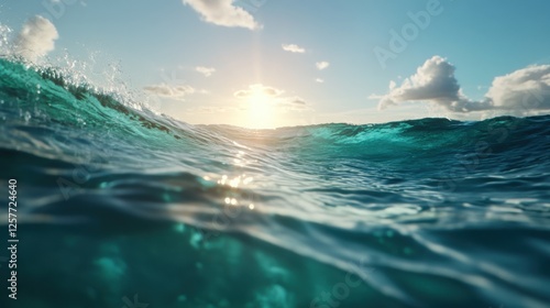 A breathtaking half-underwater slow-motion shot of crystal-clear turquoise sea water, sunlight refracting through gentle ripples, the upper half showing a bright blue sky with soft white clouds