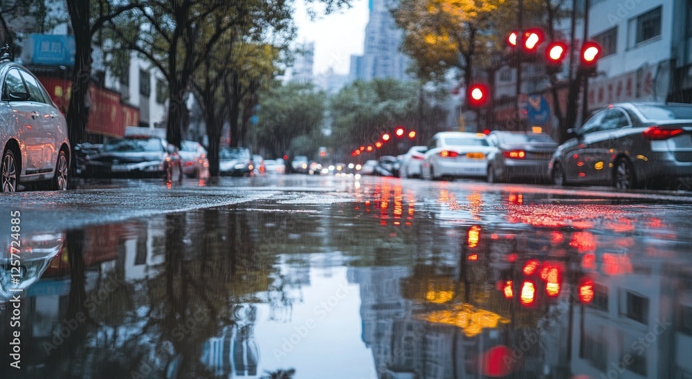 Naklejka premium Rainy City Street Reflections: Urban Scene After a Downpour