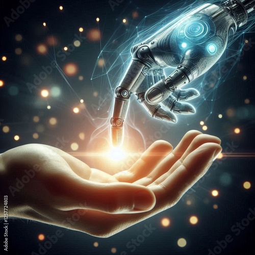 A touch of the future, robotic finger touching the human's hand. Concept of the AI revolution and AI connection with the humans	