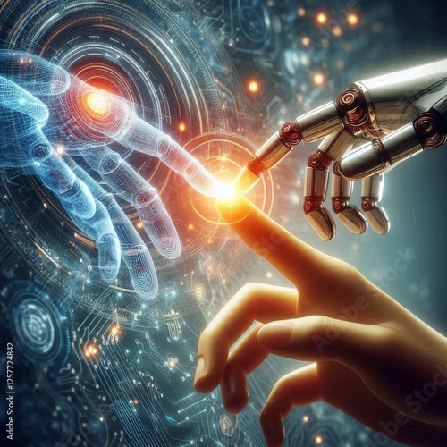 A touch of the future, robotic finger touching the human's hand. Concept of the AI revolution and AI connection with the humans	