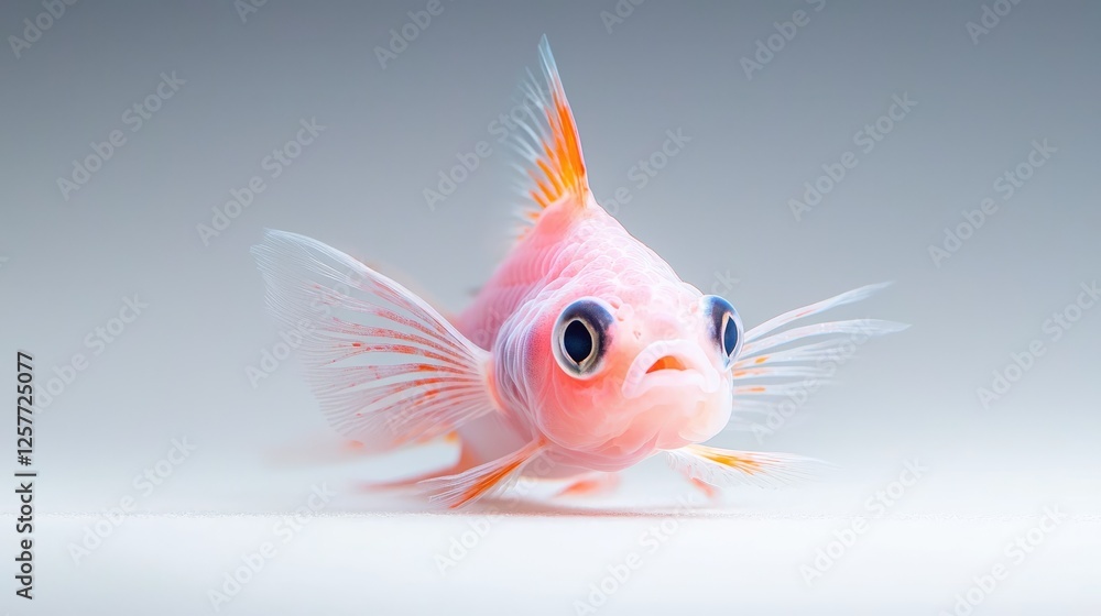 Fototapeta premium Pink goldfish swims, studio shot, white background, aquarium pet