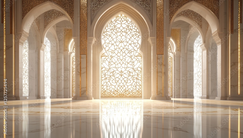 Fototapeta premium Grand Islamic Palace Interior: Marble, Arches, and Golden Light