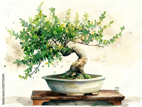 A realistic watercolor painting of a bonsai tree in a white pot, with dense green foliage, thin twisting branches, and a slender textured trunk, displayed on a wooden stand. The background is plain 