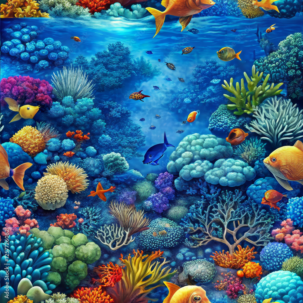 Naklejka premium Seamless underwater ocean scene with coral reef and fish