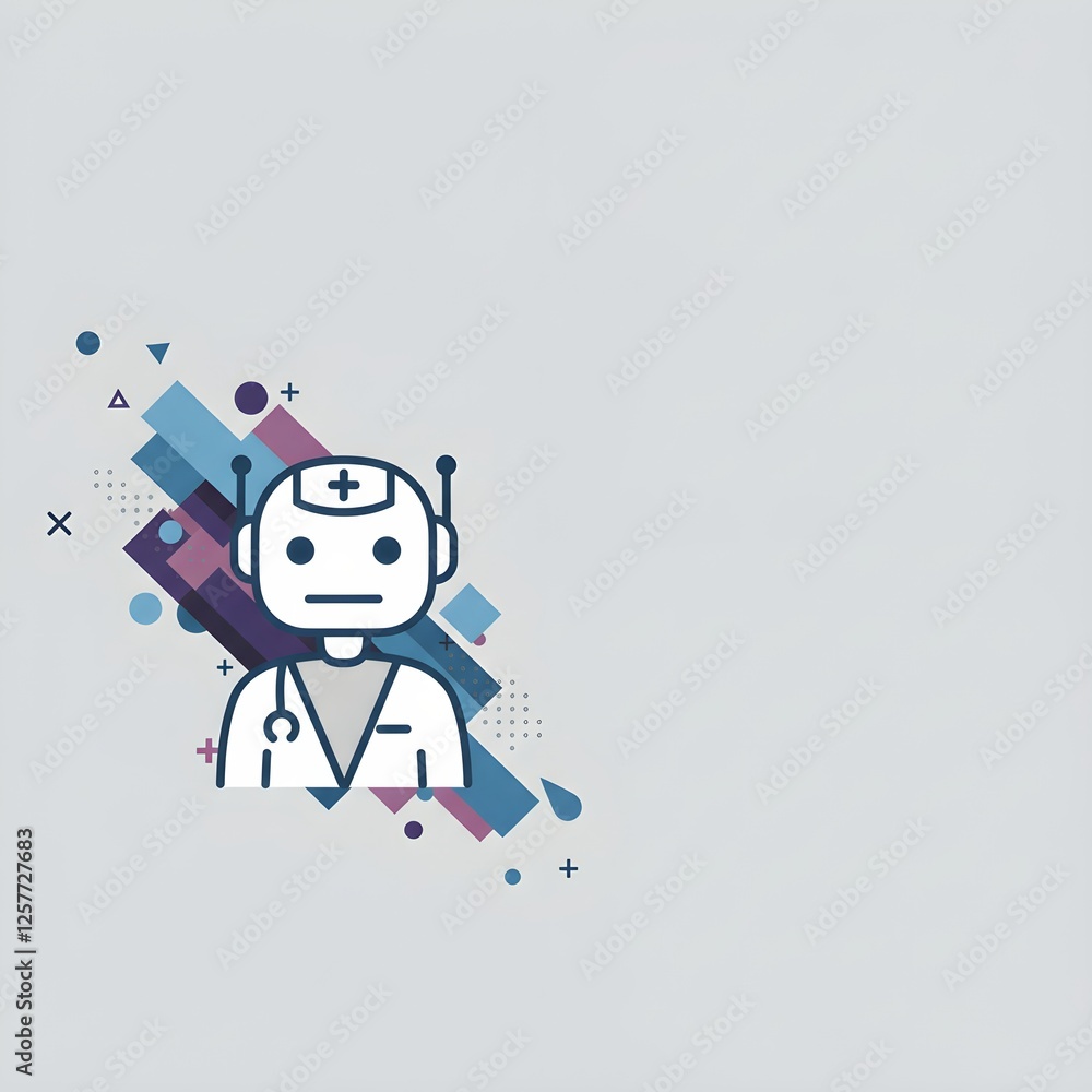 Simple robot character on light background with geometric shapes and abstract elements. Digital art design for technology, artificial intelligence and chatbot concept Simple robot character on light background with geometric shapes and abstract elements. Digital art design for technology, artificial intelligence and chatbot concept