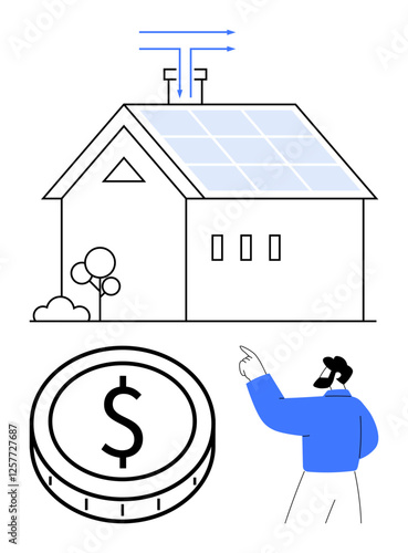 House with solar panels, arrows indicating energy flow, coin with dollar sign, man pointing. Ideal for sustainability, energy efficiency, renewable energy, savings, investments eco-friendly living