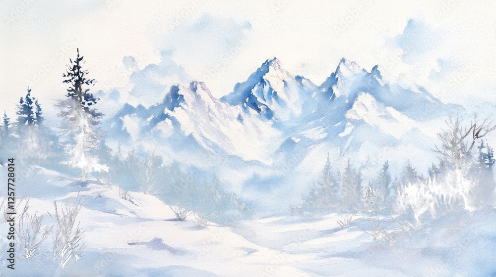 Obraz premium mountains in the snow watercolor isolated on white background