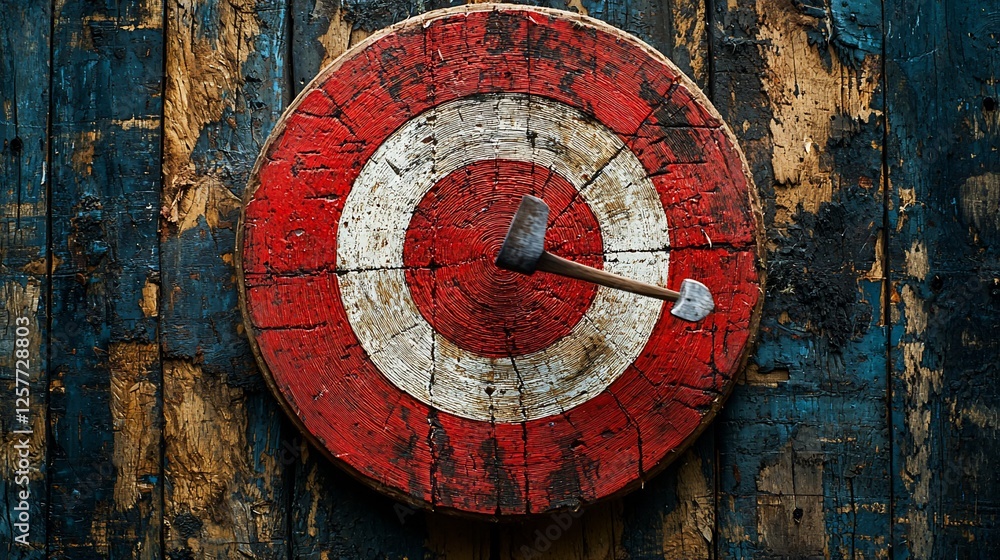 Axe embedded in target, rustic wood background; game, sport, recreation Axe embedded in target, rustic wood background; game, sport, recreation