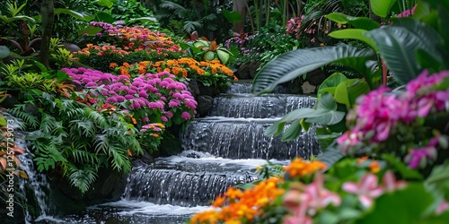Cascading cocok botol blooms in a garden setting their bright colors contrasting against dark green foliage creating a lively and picturesque scene