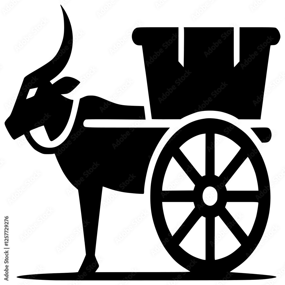 Fototapeta premium Ox-Cart Silhouette: A strong ox pulls a simple cart, a timeless symbol of rural life and transportation. The bold black silhouette offers a powerful and evocative image. 