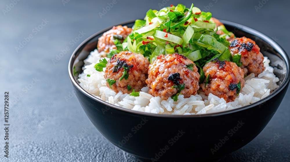 Asian pork meatballs rice bowl, cucumber salad, dark background, healthy meal Asian pork meatballs rice bowl, cucumber salad, dark background, healthy meal