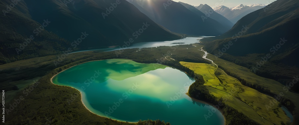 Fototapeta premium Breathtaking aerial view of a polluted lake surrounded by lush mountains capturing the juxtaposition of environmental beauty and human impact