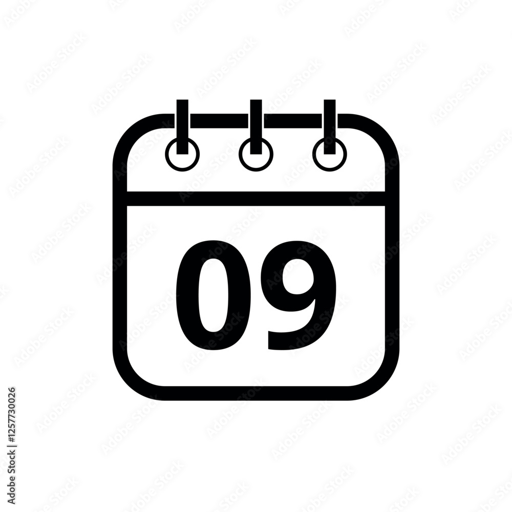 Simple black hollow calendar icon isolated on transparent background for websites and graphic resources, day 09. Simple black hollow calendar icon isolated on transparent background for websites and graphic resources, day 09.