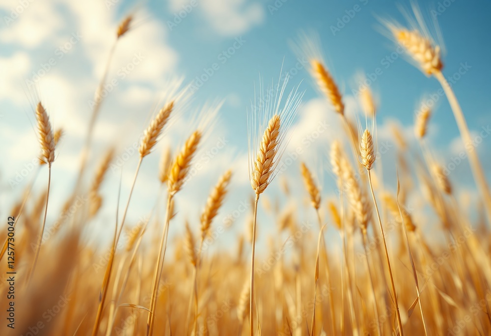 Fototapeta premium Golden Wheat Field Against Blue Sky: A Bountiful Harvest in the Countryside