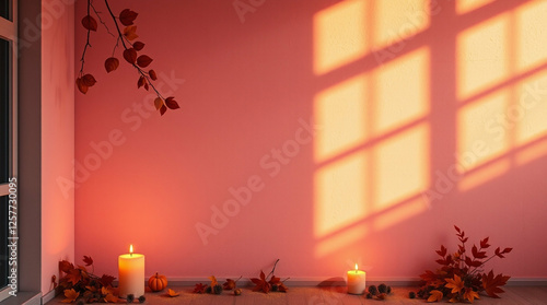 Autumnal serenity indoor, Candlelight glow and window light on pastel wall photo