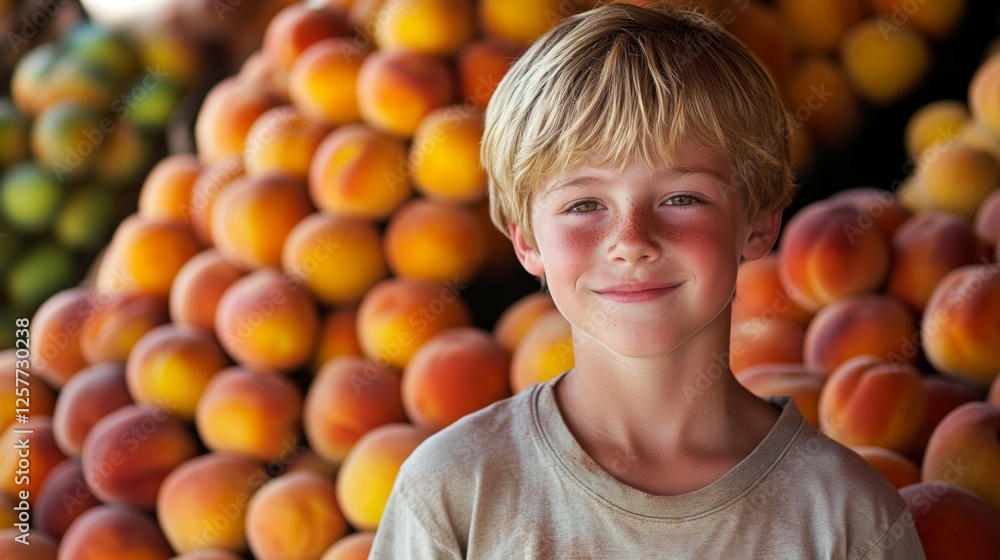 Fototapeta premium Smiling Boy Amongst Peaches at a Farmers Market