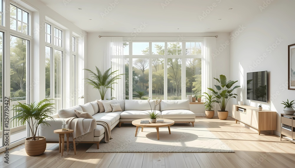 Fototapeta premium Scandinavian-inspired living room with large windows, light oak floors, modern furniture, and a cozy neutral L-shaped sofa with soft throws 