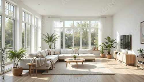 Scandinavian-inspired living room with large windows, light oak floors, modern furniture, and a cozy neutral L-shaped sofa with soft throws
