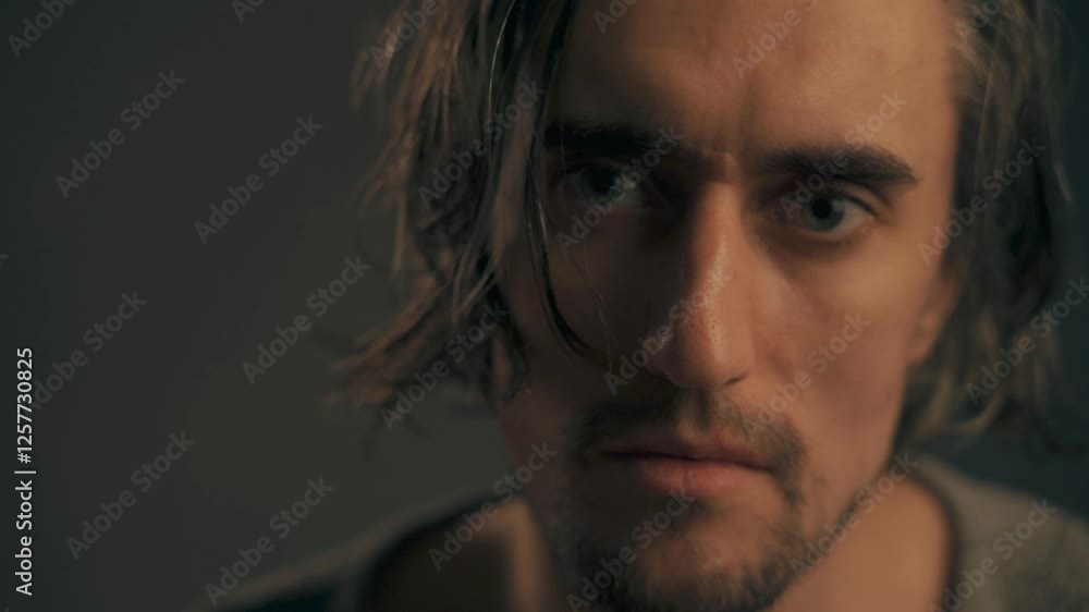 confidently looks into the frame Confident Young Man Close-Up A striking young European male with big eyes and long hair gazes directly into the camera with confidence confidently looks into the frame Confident Young Man Close-Up A striking young European male with big eyes and long hair gazes directly into the camera with confidence