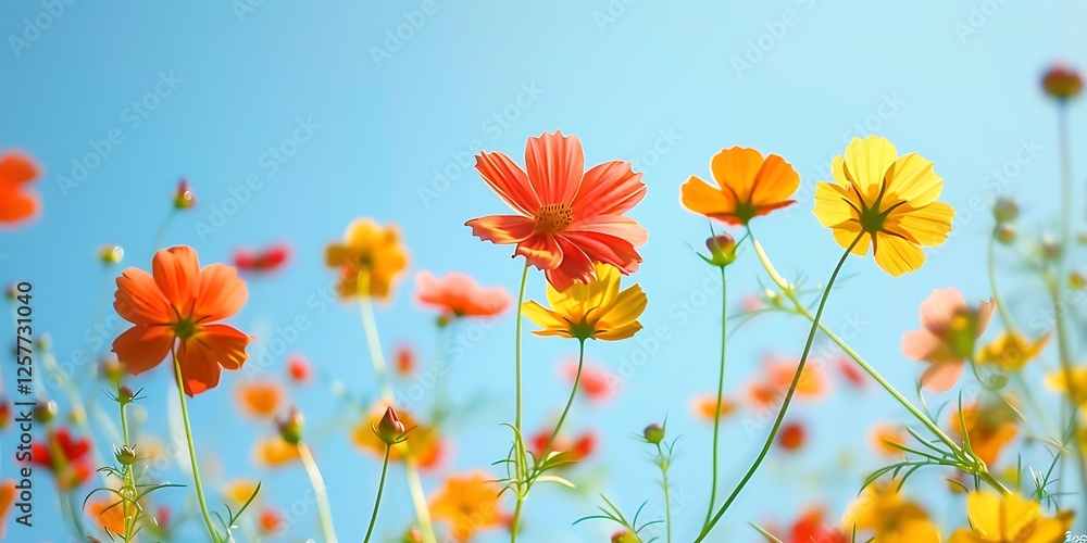 Cocok botol flowers swaying gently in a breeze their vibrant hues of orange and yellow creating a cheerful display against a clear blue sky Cocok botol flowers swaying gently in a breeze their vibrant hues of orange and yellow creating a cheerful display against a clear blue sky