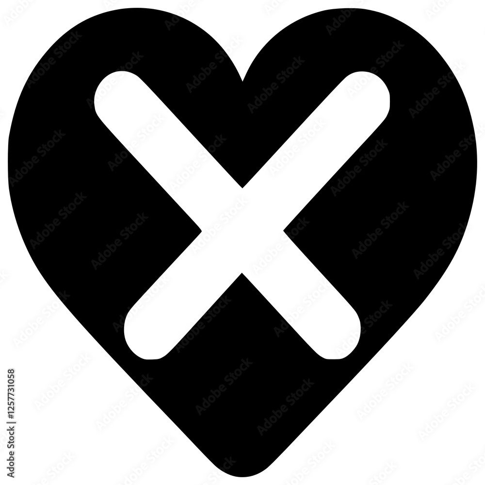 Obraz premium Heartbreak Icon: A bold graphic design featuring a black heart shape overlaid with a large white 'X', symbolizing rejection, heartbreak, or the end of a relationship.