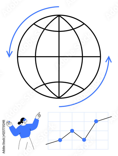 Abstract globe with arrows, person pointing, and rising line graph. Ideal for tech, business, analytics, global trends, education, growth strategy abstract line flat metaphor