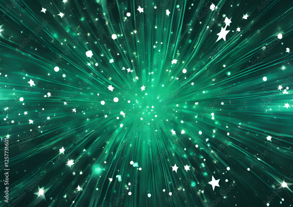 Fototapeta premium Green light burst with star particles.