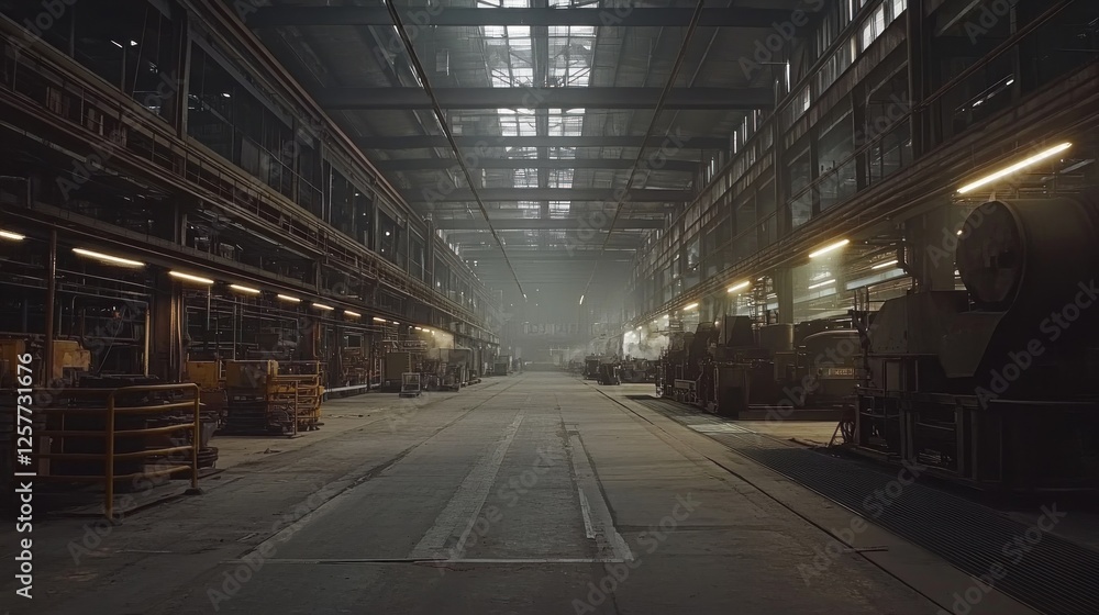 Industrial factory interior, machinery rows, dust motes, sunlit, for manufacturing concepts Industrial factory interior, machinery rows, dust motes, sunlit, for manufacturing concepts