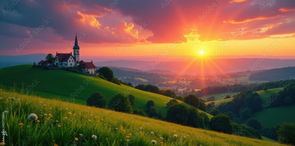 Fototapeta premium Rolling green hills, vibrant sunset over a quaint village, clouds, trees