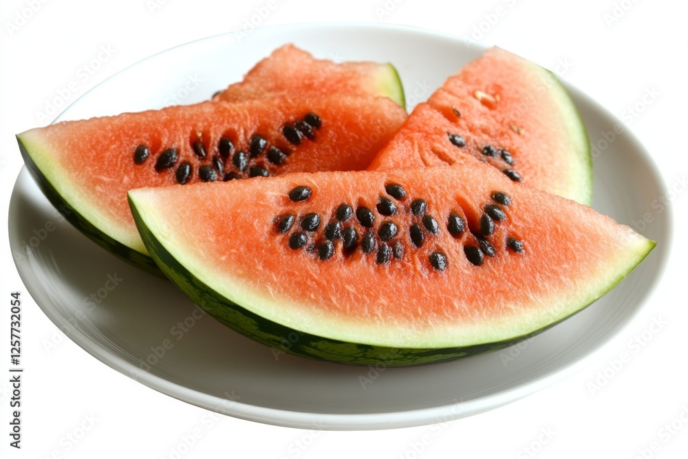 Sliced watermelon on a white plate with fresh juicy texture Sliced watermelon on a white plate with fresh juicy texture