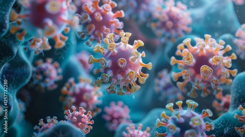 Background with viruses in bright colours, suitable for scientific articles about microbiology or medical research.