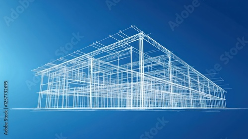 Building blueprint, architectural design, construction, 3D model, against a blue background