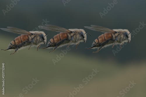 Ein Schwarm Bienen fliegt davon, wobei einige Bienen Pollen transportieren und andere nicht photo