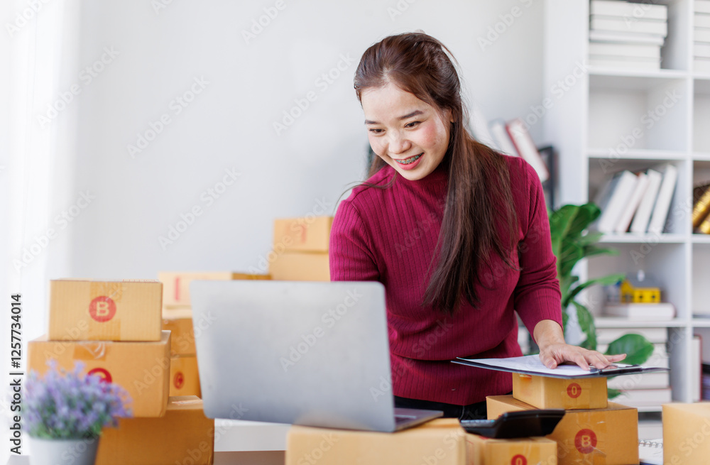 Startup small business entrepreneur SME, asian woman work from home. Success young Asian small business owner online sell marketing delivery, SME e-commerce telemarketing concept
Startup small business entrepreneur SME, asian woman work from home. Success young Asian small business owner online sell marketing delivery, SME e-commerce telemarketing concept