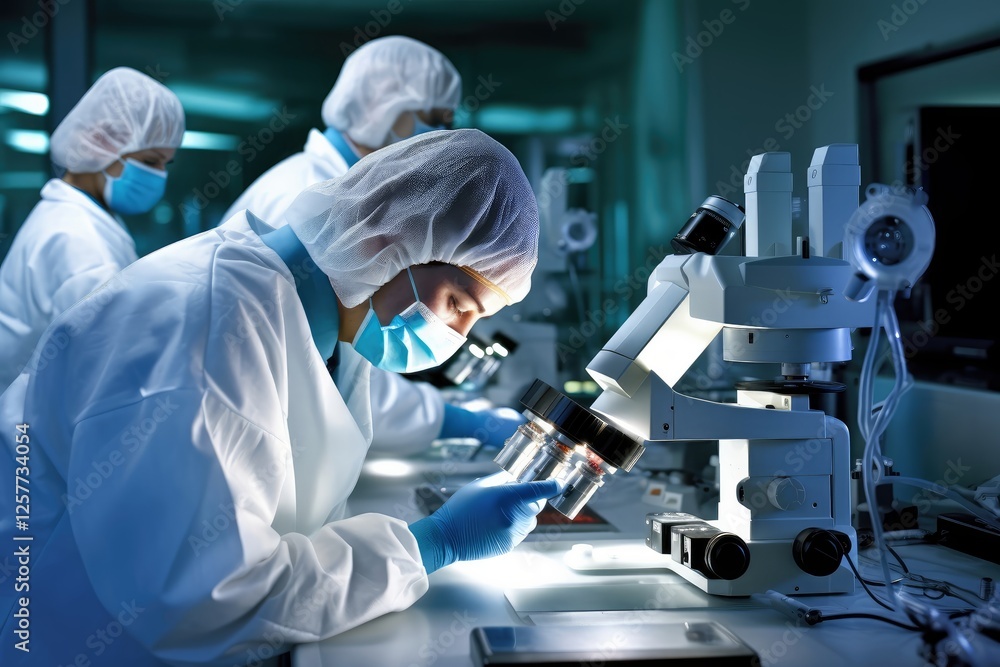 Medical scientists in protective equipment working with microscopes in modern laboratory. Research team conducting scientific analysis. Healthcare innovation and testing concept Medical scientists in protective equipment working with microscopes in modern laboratory. Research team conducting scientific analysis. Healthcare innovation and testing concept