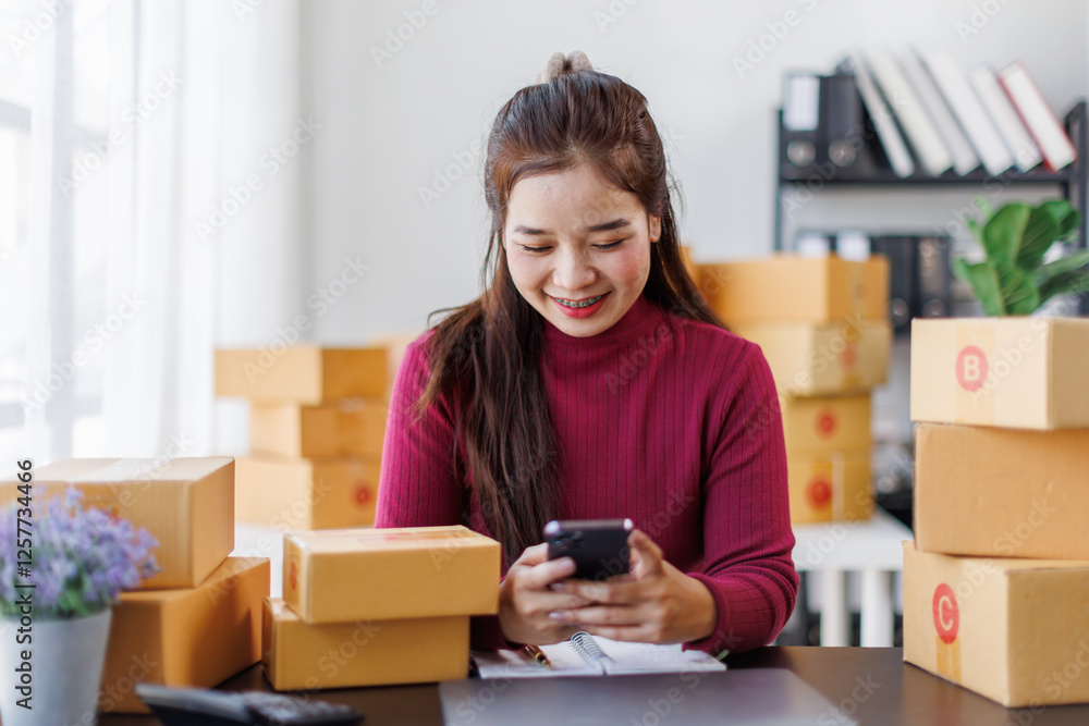 Startup small business entrepreneur SME, asian woman work from home. Success young Asian small business owner online sell marketing delivery, SME e-commerce telemarketing concept
Startup small business entrepreneur SME, asian woman work from home. Success young Asian small business owner online sell marketing delivery, SME e-commerce telemarketing concept