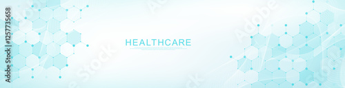 Modern health care or medical background design. Health care innovation concept. Horizontal header web banner. Abstract geometric background with hexagon shapes for medicine, science, chemistry.